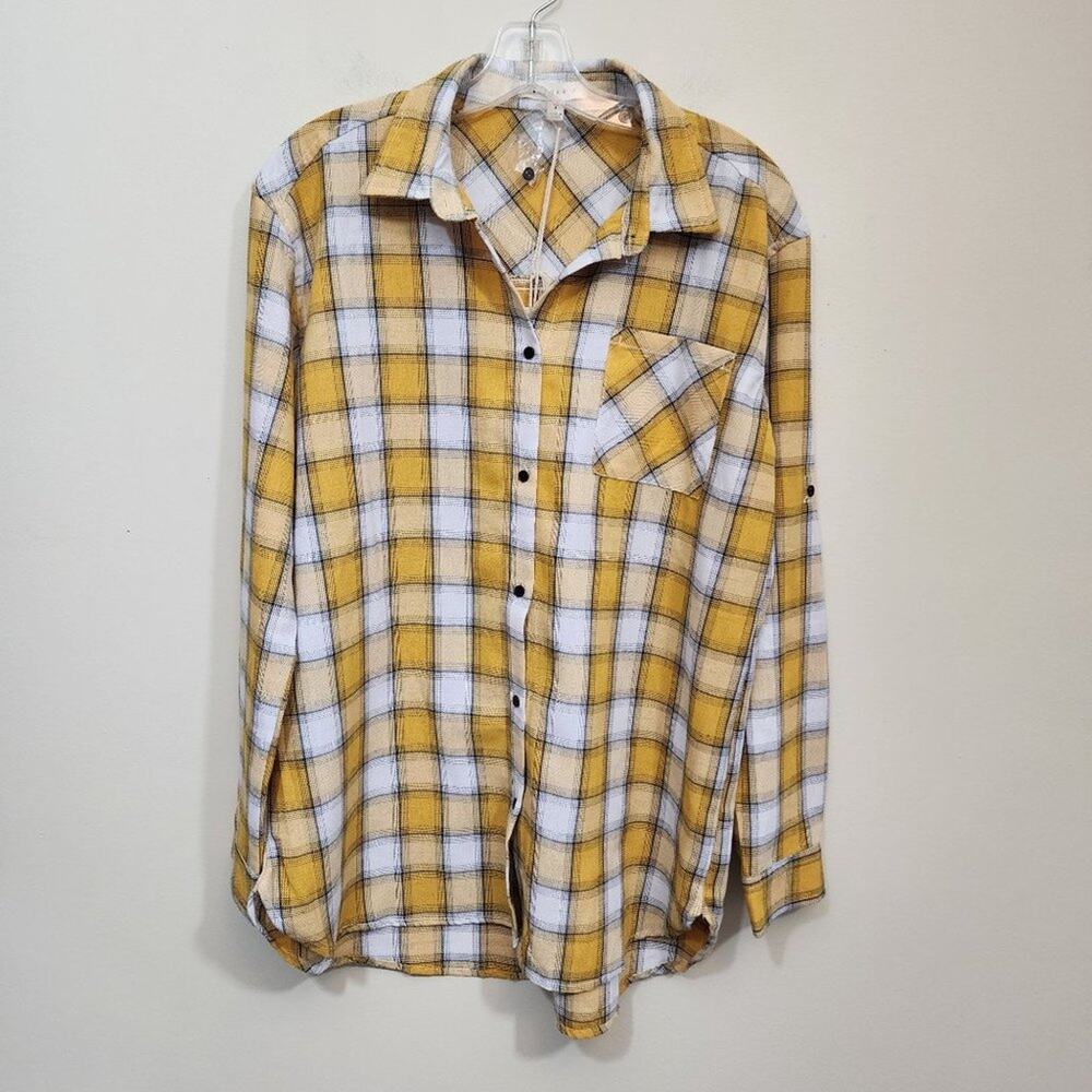 Reborn J NWT yellow plaid tab sleeve oversized button front shirt woman's small‎